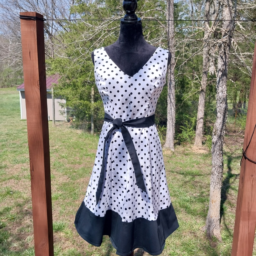 Kim Rogers White Polka Dot Midi Dress with Black Sash